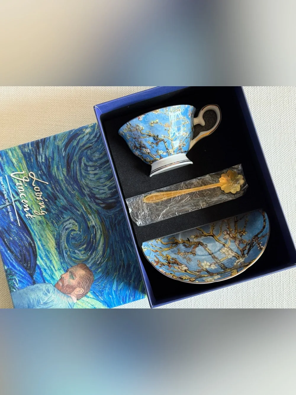 Van Gogh Almond Blossom Inspired Teacup with Saucer and Spoon Gift Set